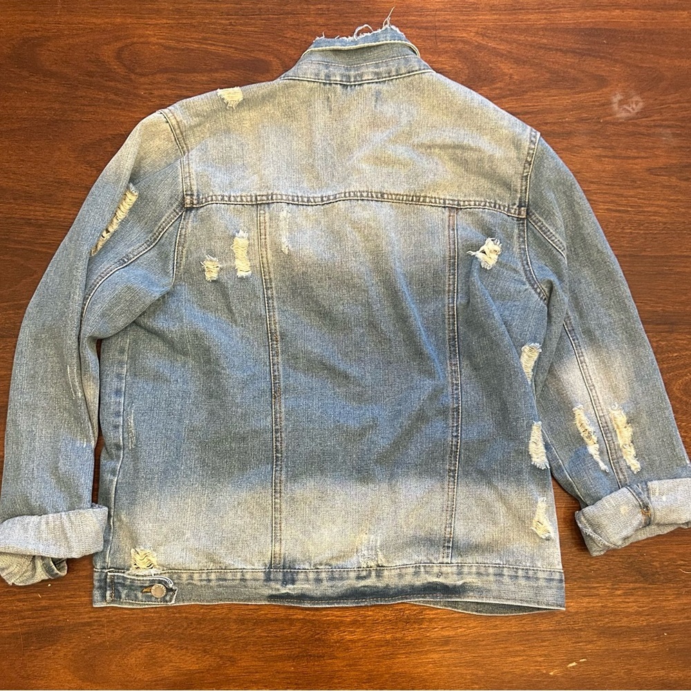 Distressed Light Wash Denim Jacket with Pearl Accents - Picture 3 of 3